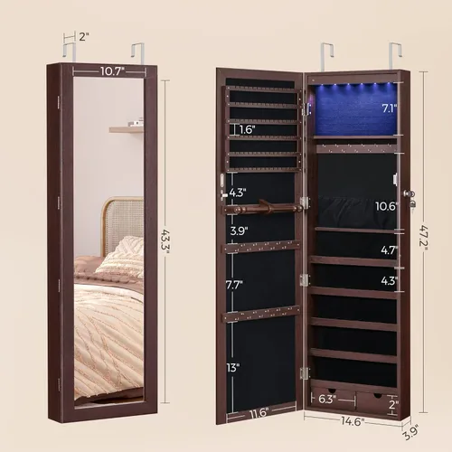 Miniatura 73 de Songmics - UJJC93W - Armario para joyas que se puede cerrar con llave, de montaje en pared o puerta, con espejo de 6 luces LED, para organización