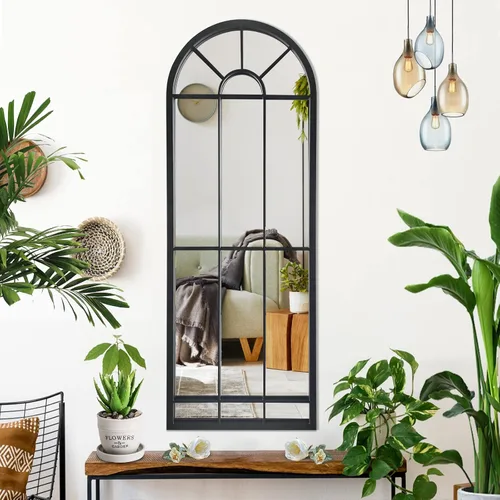 HQiJun Espejo de Pared Ventana Espejos Decorativos Arqueados Estilo Granja para Sala de Estar Dormitorio Entrada Baño Tocador (Negro, 47" x 17" x 1")