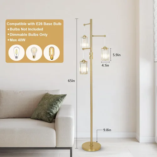 Miniatura 5 de Lámparas de pie de cristal dorado para sala de estar, 3 luces regulables, lámpara de pie moderna con pantalla de cristal, interruptor de atenuación
