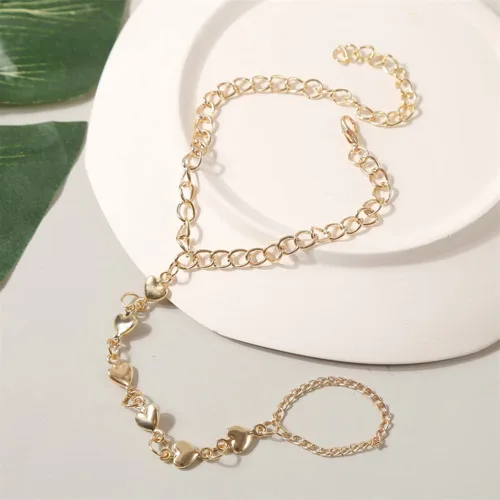 Miniatura 6 de Jumwrit Pulsera de cadena de mano con anillo de dedo, pulsera de eslabones dorados, arnés de mano de esclavo, pulsera de corazón de amor, pulsera