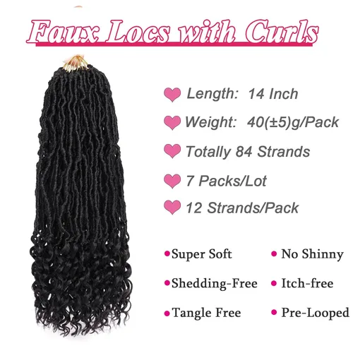 Miniatura 2 de Leeven 7 Paquetes Cabello Crochet Faux Locs con Puntas Rizadas 14 Pulgadas Pre-enrollado Goddess Locs Trenzas Crochet Cabello 84 Hebras Negro 1b#