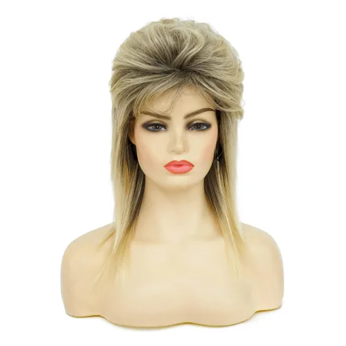 Swiking - Pelucas Mullet para mujer, rubia, rizada, suave, resistente al calor, de longitud hasta el hombro, estilo años 80, para cosplay, Rubio Mix