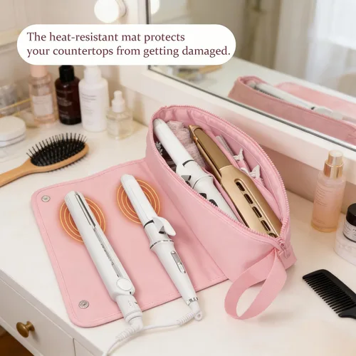 Miniatura 4 de Bolsa de viaje para herramientas para el cabello con alfombrilla resistente al calor, organizador de herramientas de pelo caliente 2 en 1