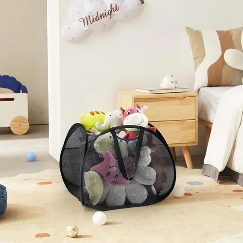 Miniatura 6 de TECHMILLY Cesta plegable de malla con asas fuertes, cesta de ropa de gran apertura con bolsillos laterales, cestas de almacenamiento para Negro