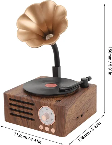 Miniatura 6 de Altavoz de tocadiscos vintage, tocadiscos portátil de grano de madera, altavoz Bluetooth con bocina de cobre, función de radio FM, diseño compacto