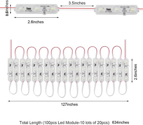 Miniatura 4 de Lulin 100 tiras de luces LED impermeables superbrillantes, color blanco, 53 pies CC 12 V 3 módulos LED blanco para letreros publicitarios con cinta