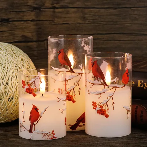 Miniatura 14 de GenSwin Velas de Navidad sin llama con temporizador remoto, juego de 2 velas LED de Navidad que funcionan con pilas con casa de nieve, Papá Noel
