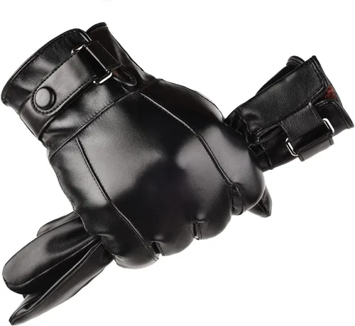 Long Keeper Invierno PU cuero pantalla táctil guantes clásicos hombres negro cálido conducción ciclismo motocicleta mensajes de texto guantes, Negro