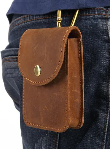 Miniatura 5 de Funda de cuero genuino, caja de cartas de juego de una sola cubierta, bolsa de cuero multiusos con clip para cinturón para llevar tarjetas, Marrón