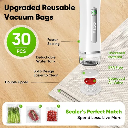 Miniatura 5 de COZII Sellador al vacío para alimentos, potente sellador al vacío de mano con 30 bolsas reutilizables, diseño recargable con tanque desmontable