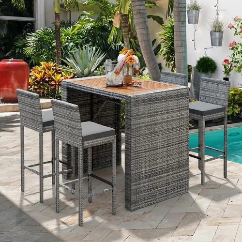 Quarte Moderno juego de comedor de patio al aire libre de 5 piezas, juego de barra de mimbre de ratán de polietileno para jardín, 4 sillas de altura