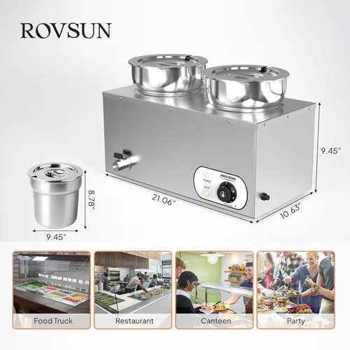Miniatura 7 de ROVSUN Calentador de sopa eléctrico, mesa de vapor comercial de 15 cuartos de galón, encimera Bain Marie con ollas dobles de 7.4 cuartos de galón