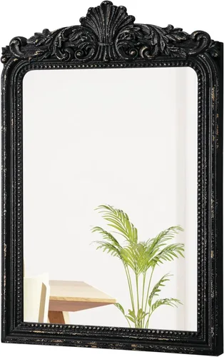 Miniatura 8 de Espejo vintage negro para tocador de 24 x 36 pulgadas, para colgar en la pared, espejos góticos de madera envejecida con detalles de cuentas, espejo