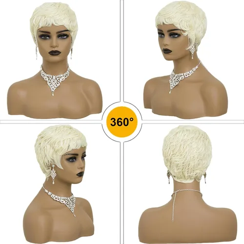Miniatura 4 de Pelucas cortas rubias de corte Pixie para mujeres negras, pelucas cortas con flequillo para mujeres negras, pelucas en capas (rubio)