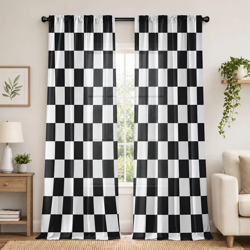 Miniatura 18 de Cortinas negras y rojas para sala de estar, 63 pulgadas de largo, cortinas geométricas modernas, blancas y grises, cortinas abstractas con bolsillo