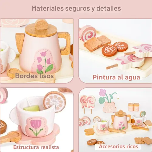 Miniatura 3 de Juego de té de madera para niñas pequeñas, juguete de juego de té con 27 piezas de accesorios de cocina de simulación, juguete de té de princesa