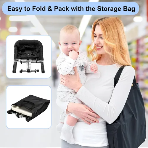 Miniatura 5 de Silla de gancho con bandeja de comedor extraíble, silla alta portátil con clip en la mayoría de las mesas, silla de mesa rápida con bolsa de Negro