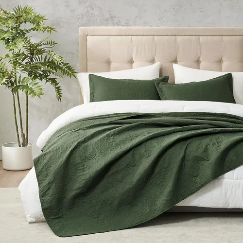 Miniatura 18 de Hansleep - Juego de edredón de tamaño King en verde oliva - Colcha de damasco ultrasónica para todas las estaciones, juego de ropa de cama suave