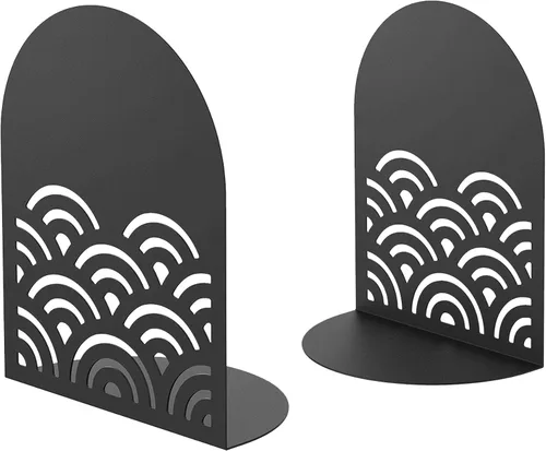 Miniatura 2 de QiMing Ukiyoe - Sujetalibros de nubes auspiciosas para libros, 1 par de soportes de metal con patrón ondulado para estantes de oficina, regalo