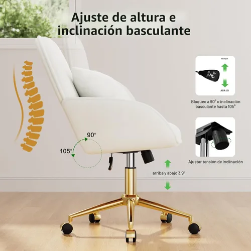 Miniatura 6 de Silla de escritorio para oficina en casa cómoda con ruedas ajustables y giratorias, silla moderna de terciopelo para maquillaje con respaldo y Blanco