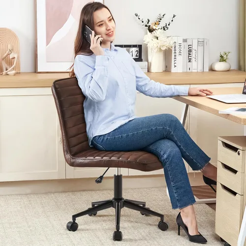 Miniatura 4 de Furniliving Silla de cuero para oficina en casa, silla de trabajo de escritorio sin brazos con ruedas, silla giratoria de 360° para computadora