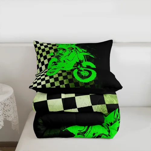 Miniatura 7 de Juego de edredón de motocross para niños, tamaño individual, juego de ropa de cama de motociclista de motocross, edredón a cuadros de búfalo blanco