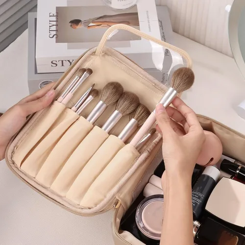 Miniatura 3 de Pocmimut Bolsa de maquillaje, bolsa de cosméticos grande 2 en 1 con soporte para cepillos, bolsa de aseo de viaje y organizador de tocador