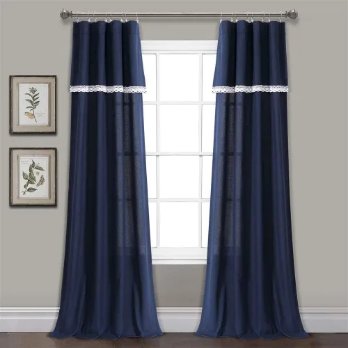 Miniatura 13 de Lush Decor Par de paneles de cortinas de lino con encaje para ventana, 84 x 38 pulgadas, azul