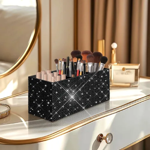 Miniatura 5 de Bling - Organizador de brochas de maquillaje, 3 ranuras para cosméticos, soportes de almacenamiento con diamantes de imitación brillantes, bonito