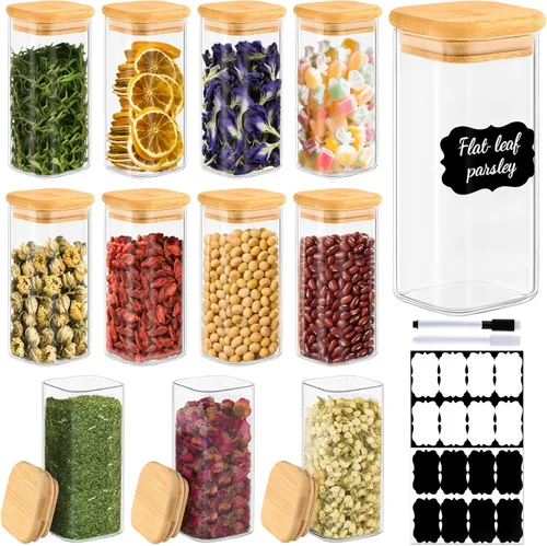 Miniatura 12 de TBWIND Contenedores de almacenamiento de vidrio con tapas de bambú, paquete de 7 tarros herméticos de vidrio transparente en tamaños mixtos