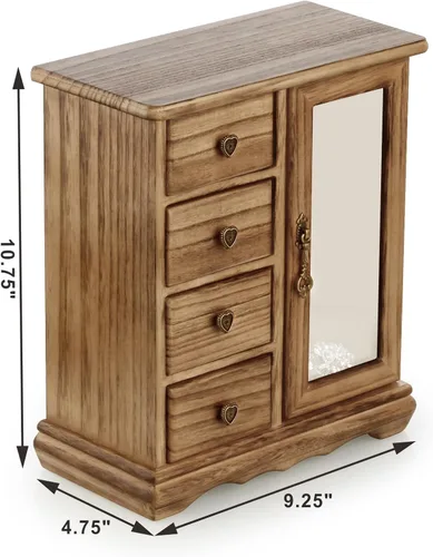Miniatura 6 de RR ROUND RICH DESIGN Joyero de madera maciza para maquillaje y organizador de anillos para mujer, con 4 cajones integrados, carrusel de collar