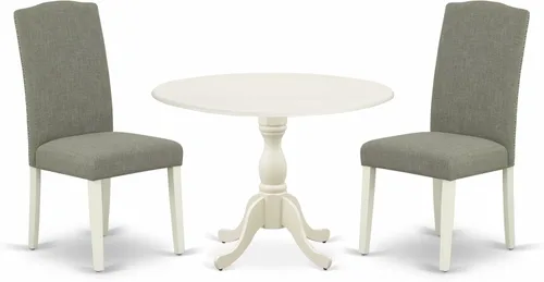 East West Furniture DMEN3-LWH-06 - Juego de comedor de 3 piezas para espacios pequeños que contiene una mesa de comedor redonda con gotas y 2 sillas