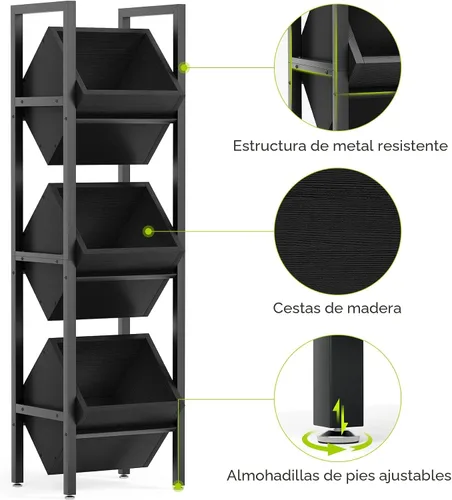 Miniatura 8 de LITTLE TREE Soporte de cesta de 3 niveles, estante de madera para piso, organizador rústico de pie, estante de almacenamiento para cocina, baño