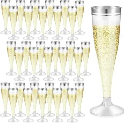 Skylety 100 copas de champán con borde plateado a granel de 4.5 onzas, vasos de plástico transparente para tostar, vasos de mimosa, vasos de cóctel
