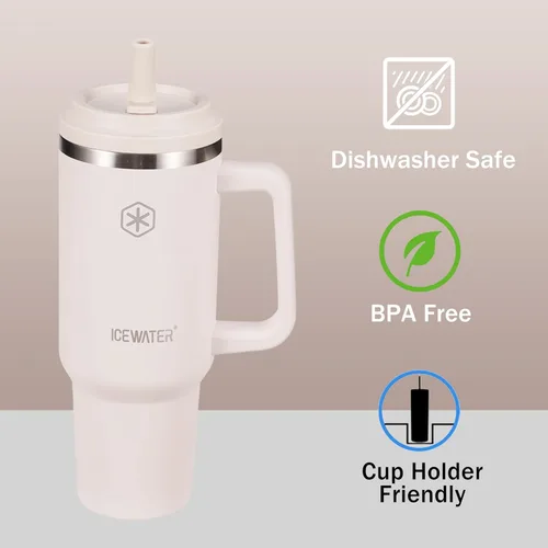 Miniatura 3 de ICEWATER Vaso de 40 onzas con 2 tapas (tapa y popote estándar), vaso aislado 100% a prueba de fugas con asa, apto para portavasos, botella de agua
