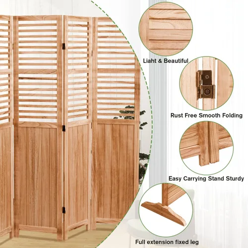 Miniatura 5 de Divisor de habitación plegable de 4 paneles, panel de privacidad de madera de Paulownia independiente de 5.6 pies con estantes de almacenamiento
