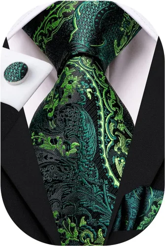 Miniatura 180 de Hi-Tie Corbatas de seda para hombre, diseño de cachemira a rayas, con bolsillo, gemelos cuadrados, conjunto formal de negocios