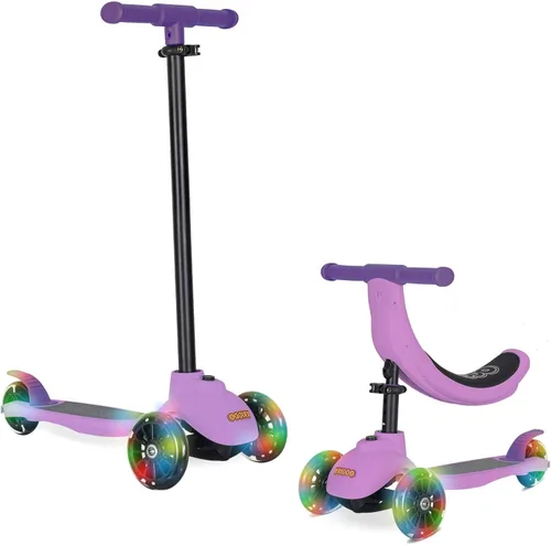 KRIDDO - Patinete 3 en 1 para niños de 1 a 5 años, patinete plegable con 3 ruedas iluminadas, tabla ancha, altura ajustable, manillar para aprender
