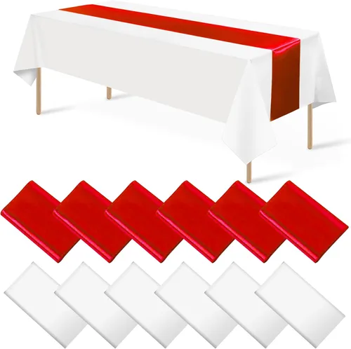 Miniatura 13 de Juego de 12 manteles de satén de 12 x 108 pulgadas y manteles de plástico de 54 x 108 pulgadas, manteles rectangulares desechables en negro y azul