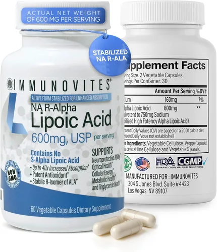 Miniatura 9 de IMMUNOVITES Ácido R-alfa lipoico estabilizado ((True)) 600 mg por porción [[Alta potencia y hasta 40 veces mayor absorción]] (Na R-ALA) (Na R-LA)