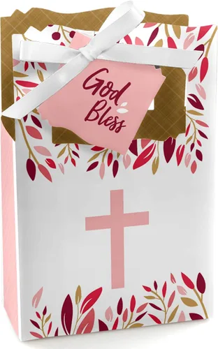 Big Dot of Happiness Pink Elegant Cross - Cajas de regalo para fiesta religiosa para niñas, juego de 12