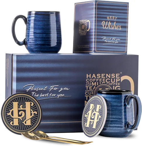 Miniatura 8 de Juego de 4 Tazas de Café de HASENSE, Tazas de Cerámica de 12 Oz con Mango Grande, Juego de Tazas Rústicas Coloridas para Café, Té, Coco, Café