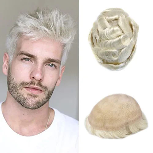 Miniatura 44 de Pieza de pelo tipo tupé para hombres, encaje suizo suave, cabello humano real, tupé para hombres, unidades de cabello con nudo blanqueado, sistema