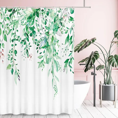 Miniatura 3 de Tititex - Juego de cortinas de regadera de eucalipto verde esmeralda, hojas de acuarela en la parte superior, decoración floral de baño, 60 x 72