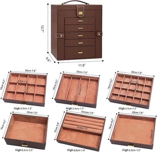 Miniatura 3 de AKOZLIN - Organizador de joyas grande de 6 niveles, con cerradura, funcional y enorme, con 5 cajones, de cuero, para mujeres y niñas, para anillos