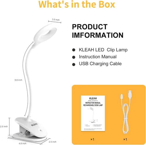 Miniatura 9 de KLEAH Luz de clip para cama y escritorio, lectura en cama, dormitorio, cuello de cisne flexible, lámpara de abrazadera recargable a pilas para Blanco