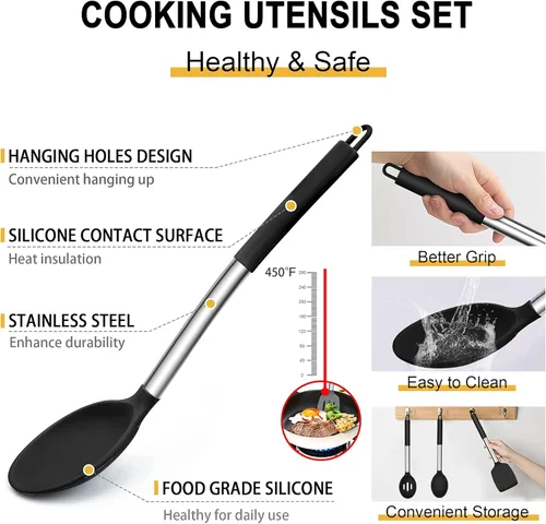 Miniatura 5 de E-far Juego de utensilios de cocina de silicona, juego de utensilios de cocina negros de 14 piezas con soporte, espátulas de herramientas de cocina