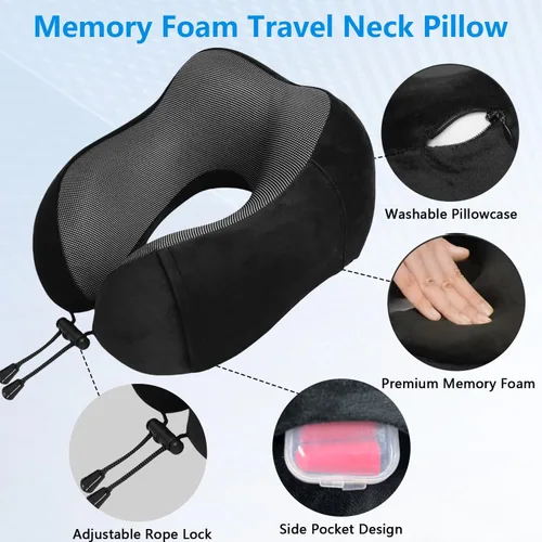 Miniatura 6 de Almohada de avión, almohada de cuello de viaje con espuma viscoelástica, hebilla ajustable y funda lavable a máquina para soporte de cuello en Negro