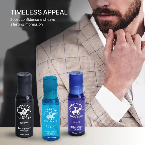 Miniatura 6 de Beverly Hills Polo Club Colección Signature Body Spray para hombre Juego de 3 piezas: azul, activo, sexy, fragancias versátiles para cada ocasión