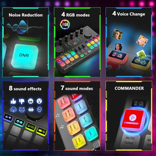 Miniatura 7 de Paquete de equipo de podcast para 2, mezclador de DJ de interfaz de audio con micrófono condensador XLR de 48 V, RGB, cambio de voz, para HS-M100-2X